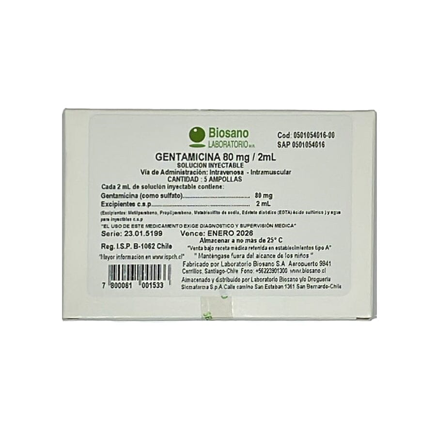 Gentamicina 80 mg / 2 mL x 5 ampollas Farmex-Consorcio-Persistente